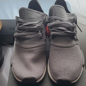 adidas Men's Gray Knit Athletic Sneakers with Red Heel Accent